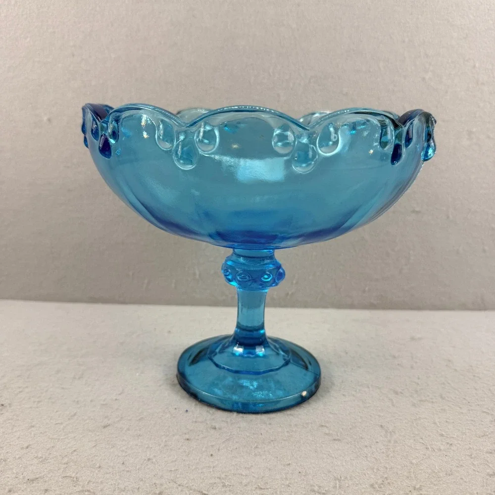 Vtg Indiana Glass Blue Teardrop Garland Pedestal Compote Bowl MCM Centerpiece 8